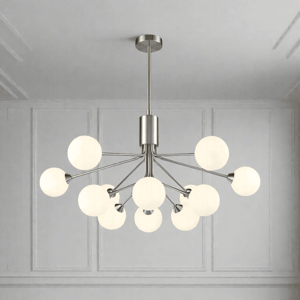 Satin nickel nine globe chandelier with opaque glass shades and adjustable rod suspension