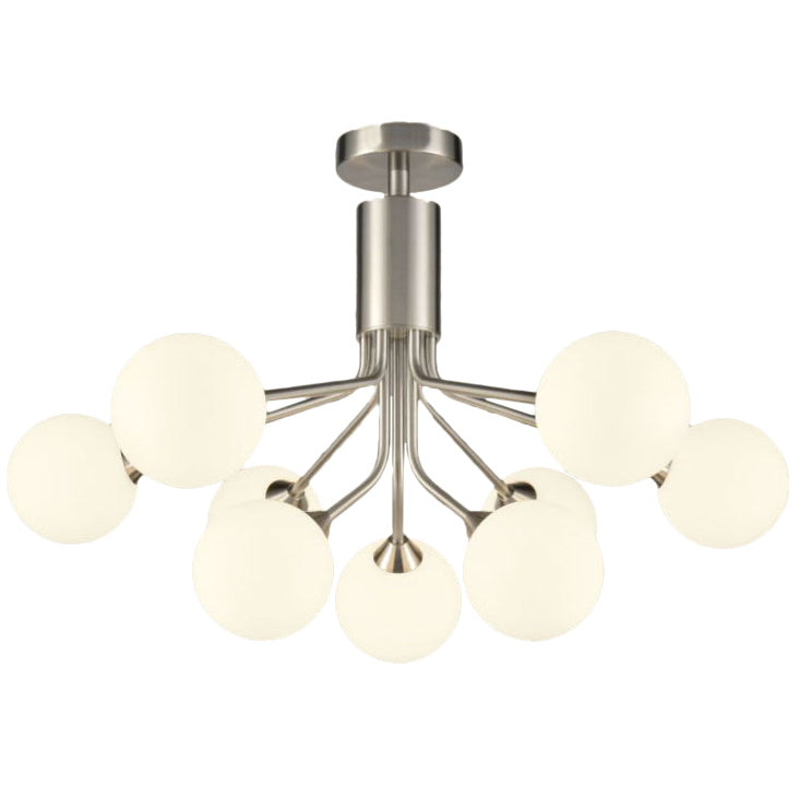 Nine light opaque glass globe ceiling light in satin nickel finish with mid century design