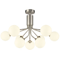 Nine light opaque glass globe ceiling light in satin nickel finish with mid century design