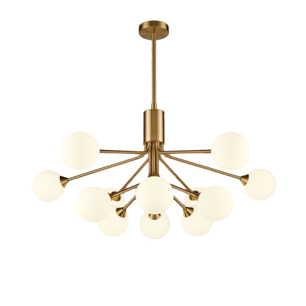 Twelve light opaque glass globe ceiling pendant in brushed brass finish