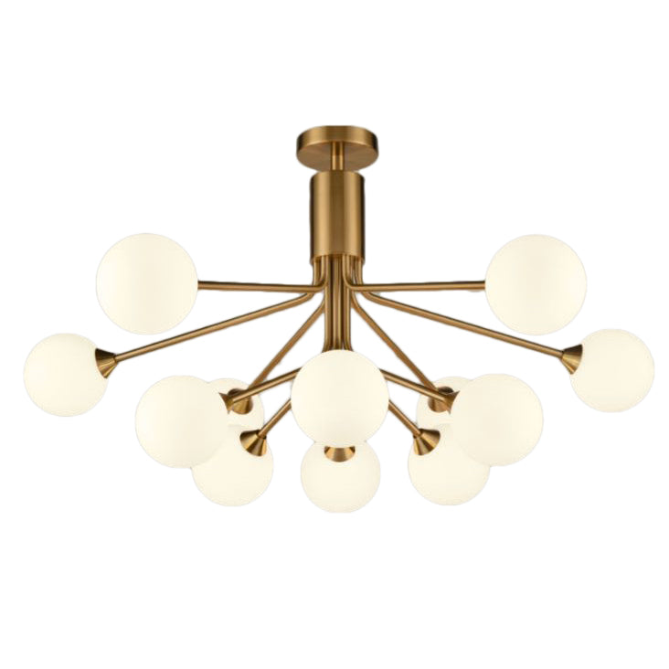 Twelve light opaque glass globe ceiling pendant in brushed brass finish