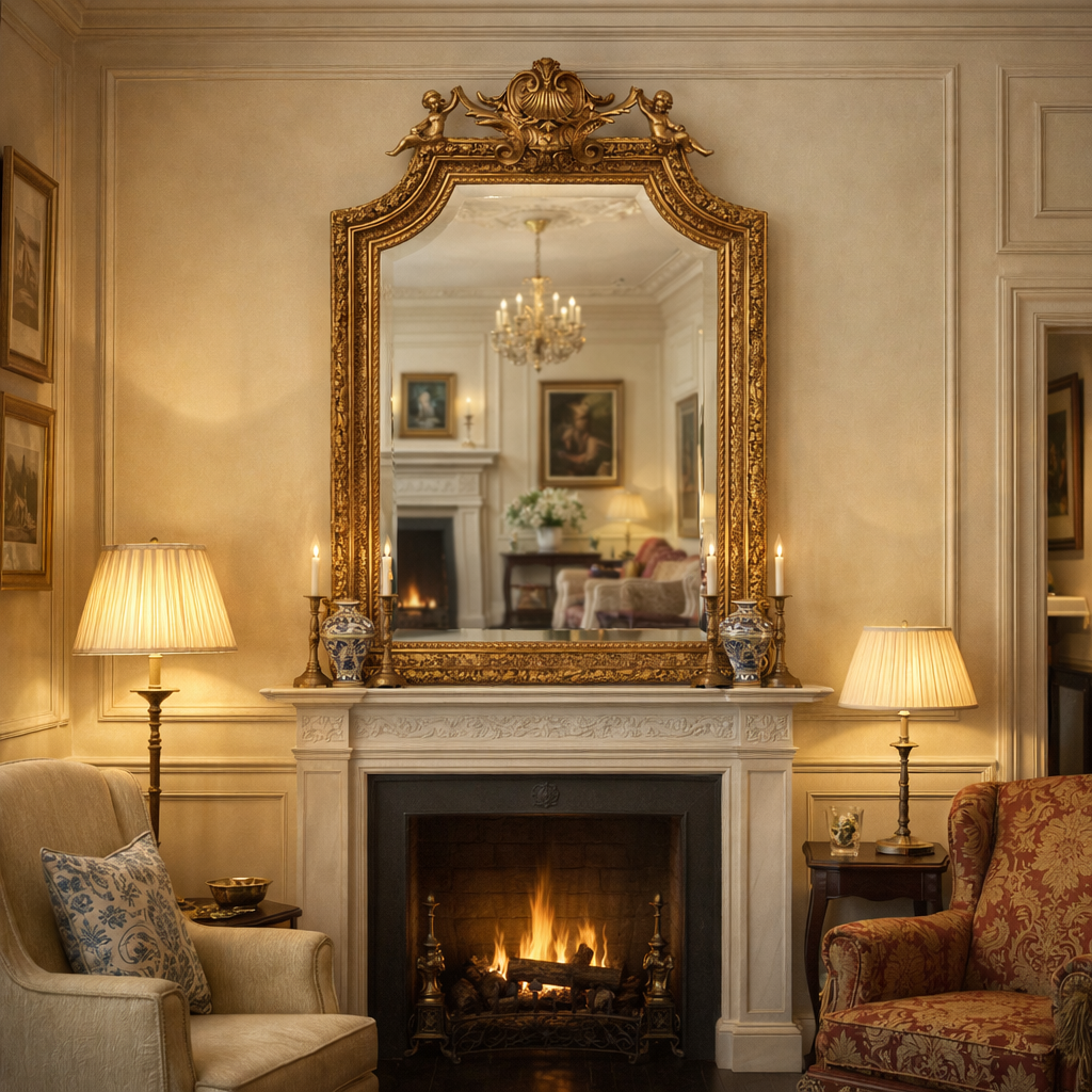 Highly ornate cherub detail mirror in traditional, opulent setting.