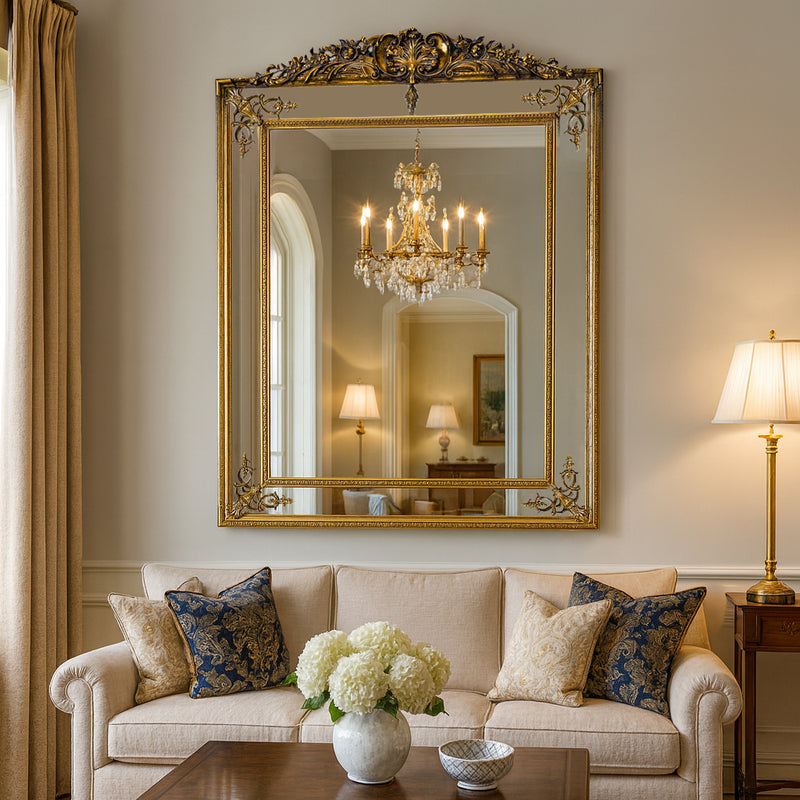 Living room with a large ornate mirror, beige sofa, and chandelier.