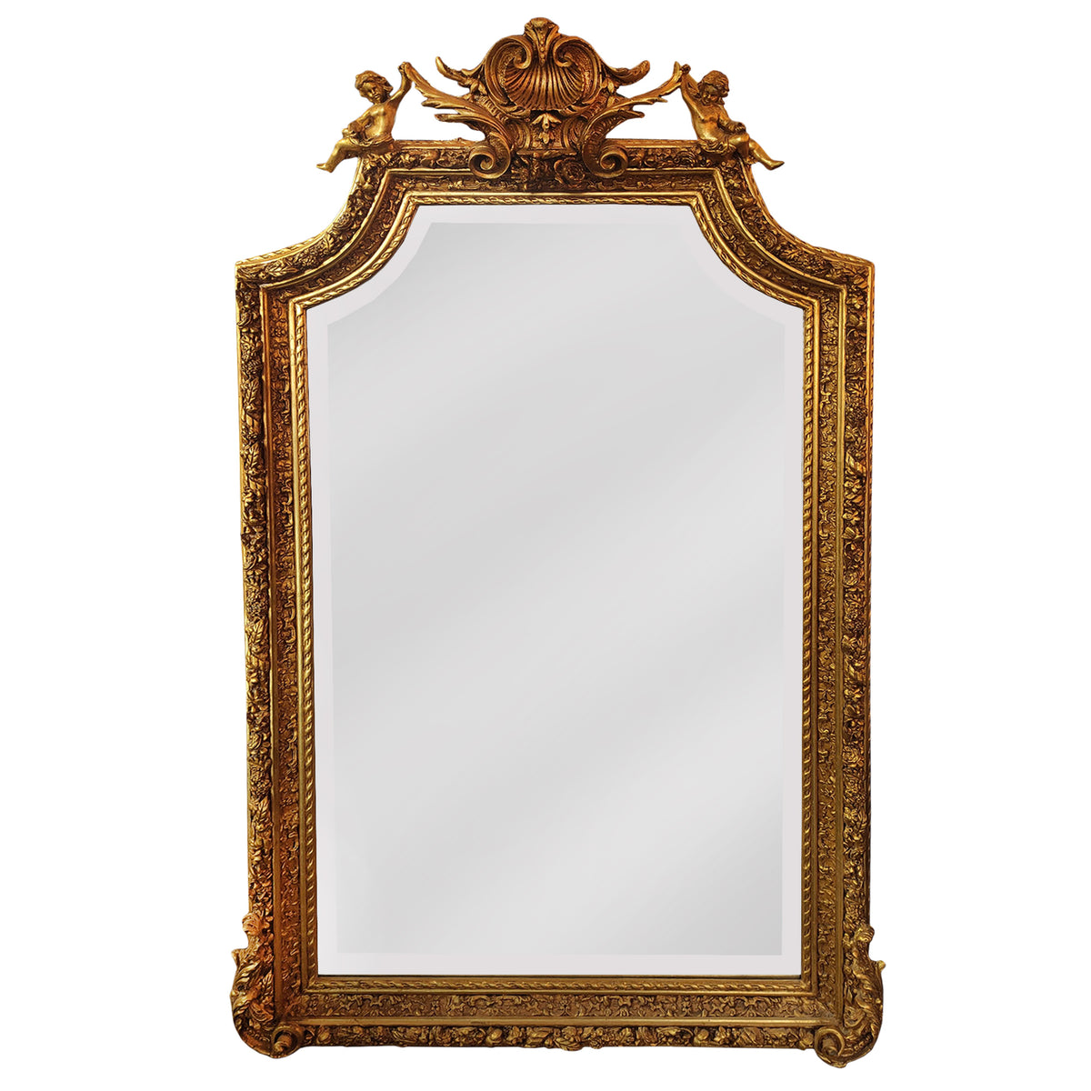 Highly decorative cherub gilt mirror, with a plain background.