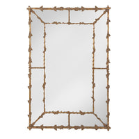 A very large matt gold gilt panel leaf mirror with a rustic verdigris finish. Panelled beveled glass sides reflect so much light in the vicinity of this stunning metal mirror. Add a touch of grandeur to any space - gorgeous. A classic vintage frame of brushed gilt foliage adds a touch of luxury to any space