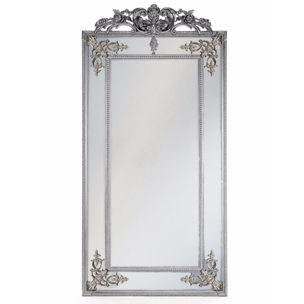 Large ornate silver panelled wall mirror with bevelled glass panels and decorative silver frame