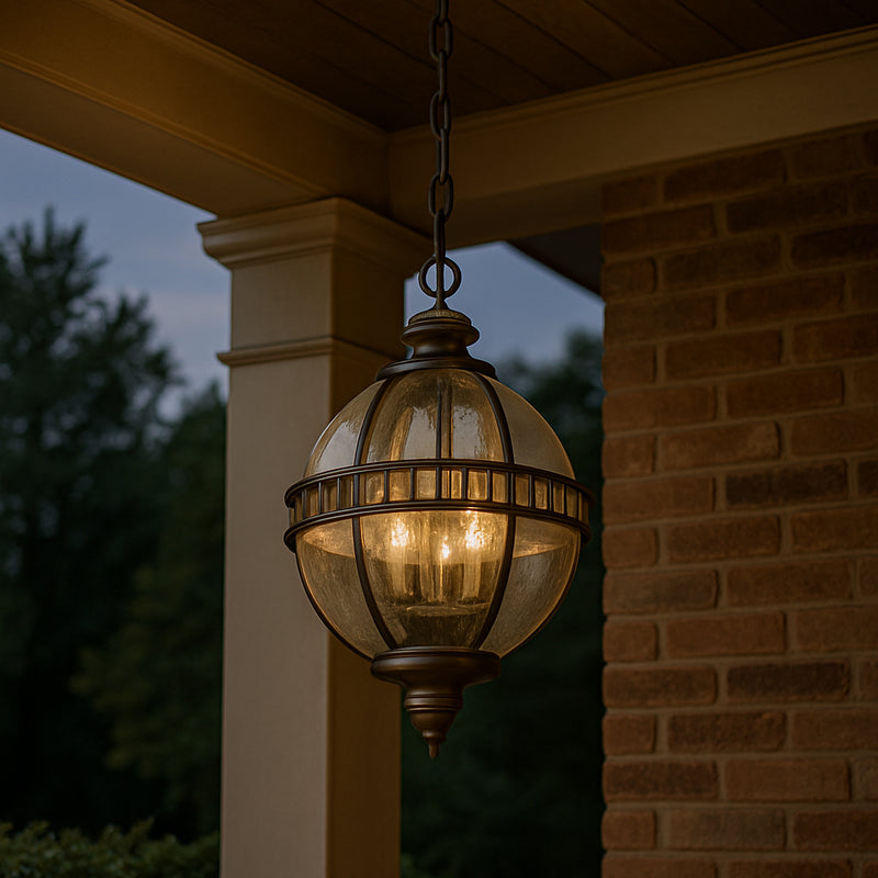 Outdoor bronze globe pendant light with clear seeded glass and classic lantern-style metal frame, IP44 rated for elegant exterior lighting.