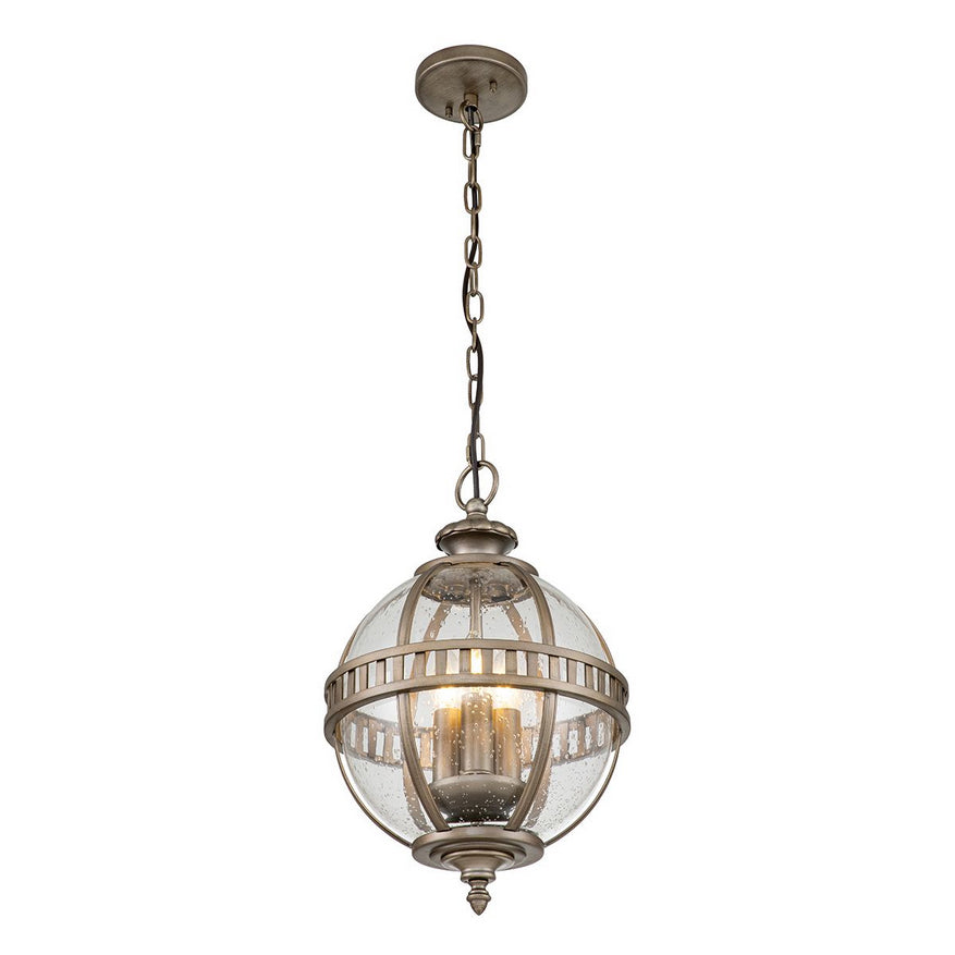Outdoor bronze globe pendant light with clear seeded glass and classic lantern-style metal frame, IP44 rated for elegant exterior lighting.