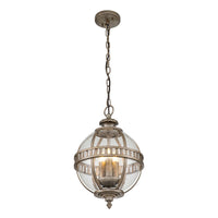 Outdoor bronze globe pendant light with clear seeded glass and classic lantern-style metal frame, IP44 rated for elegant exterior lighting.
