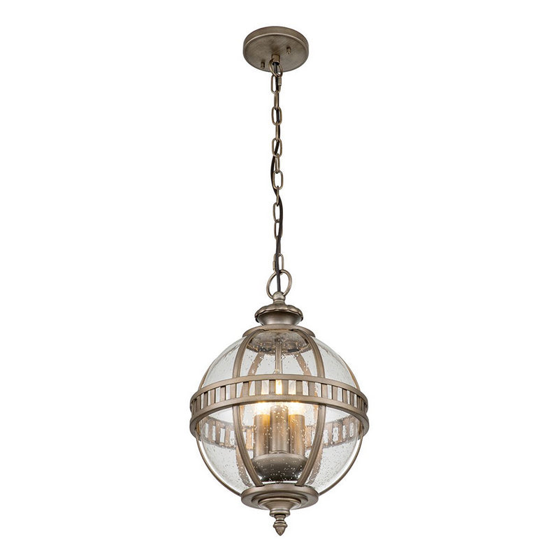 Outdoor bronze globe pendant light with clear seeded glass and classic lantern-style metal frame, IP44 rated for elegant exterior lighting.