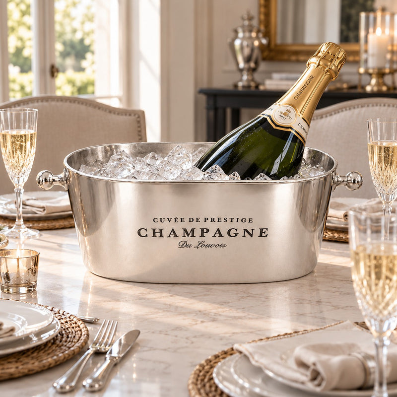 Single bottle of champagne in oval champagne bucket on a dining table.