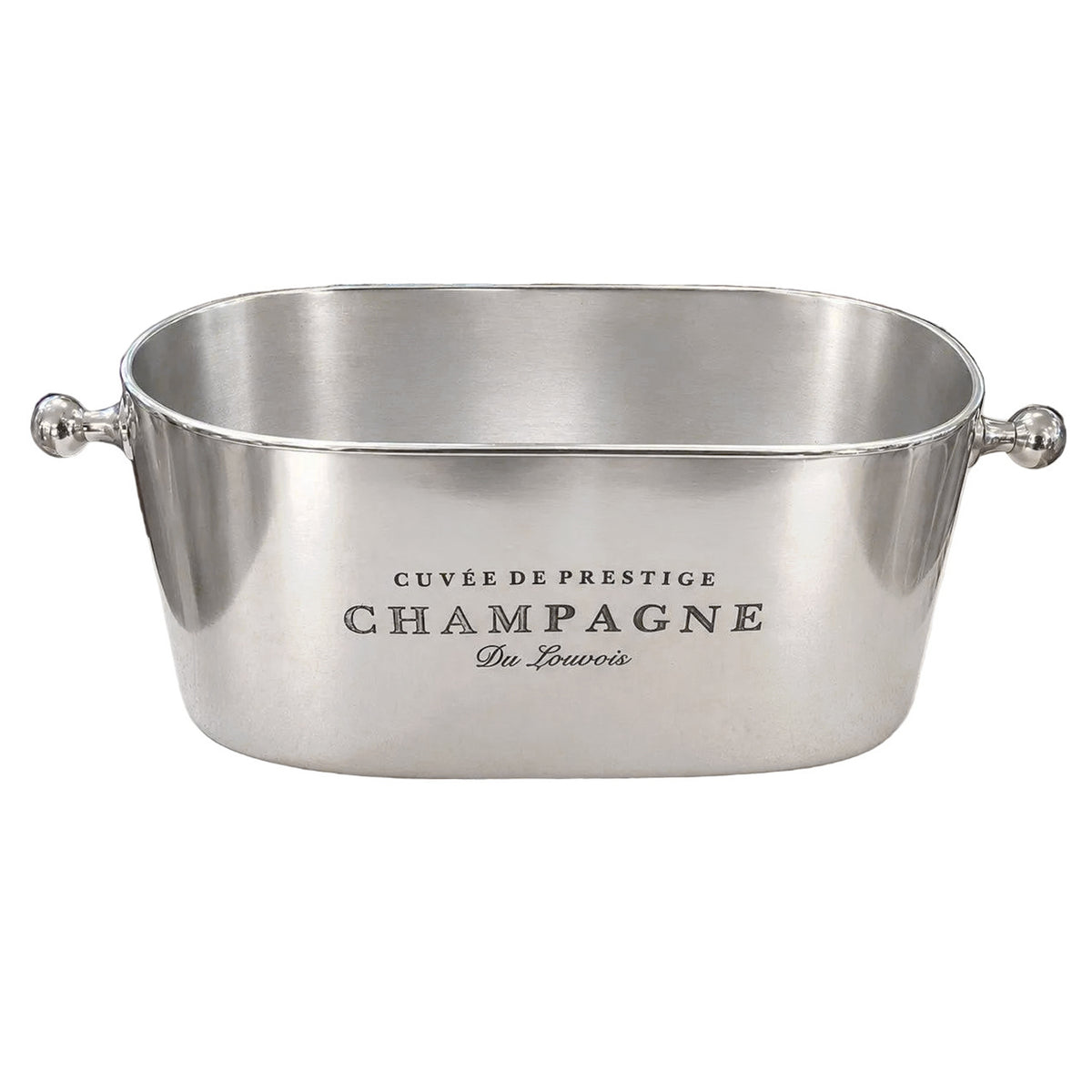 Oval champagne cooler with French script and ball handles on a white  background