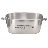 Oval champagne cooler with French script and ball handles on a white  background