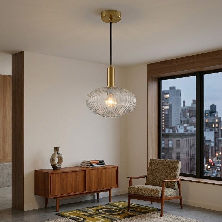 In a mid-century style situ, with abstract carpet and simple furniture.