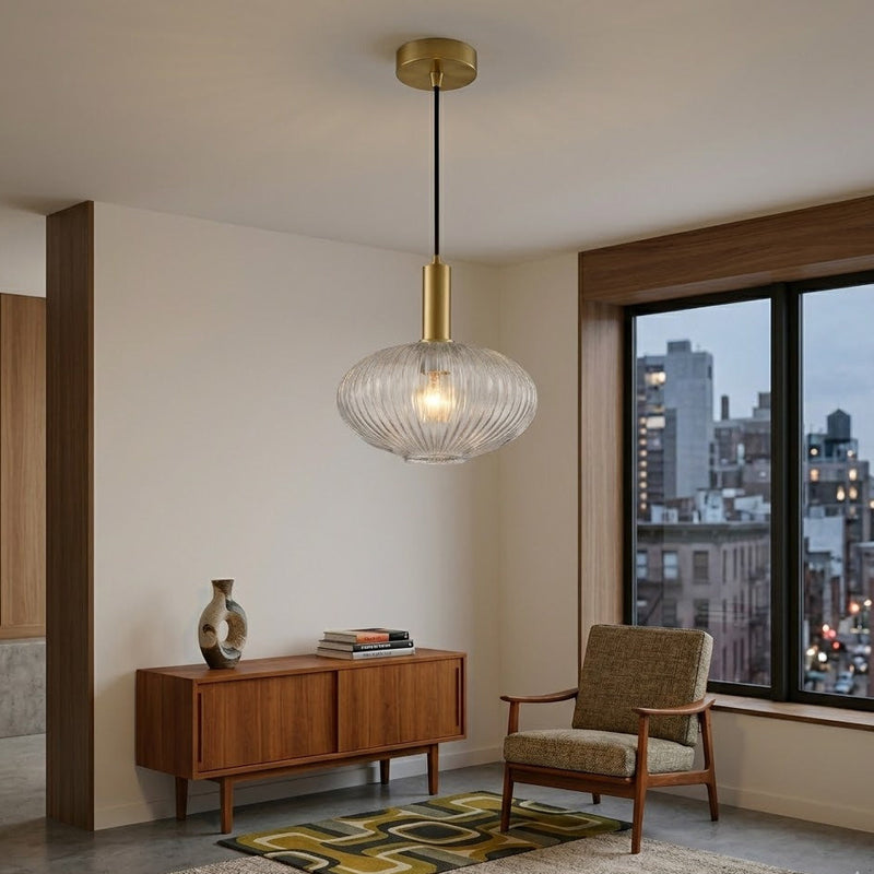 In a mid-century style situ, with abstract carpet and simple furniture.