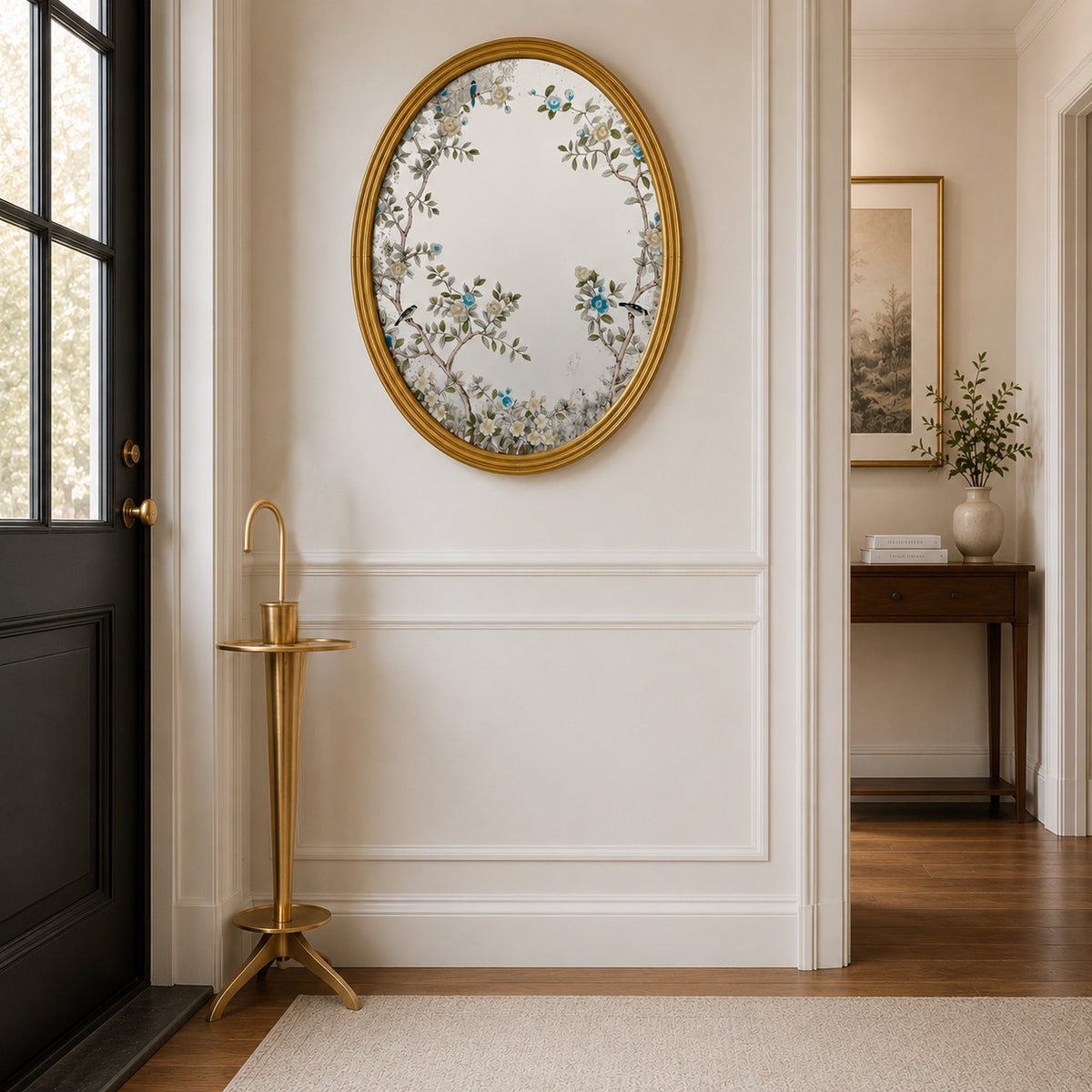 A decorative gilt framed oval wall mirror painted in the 'Victorian' style with floral motifs.