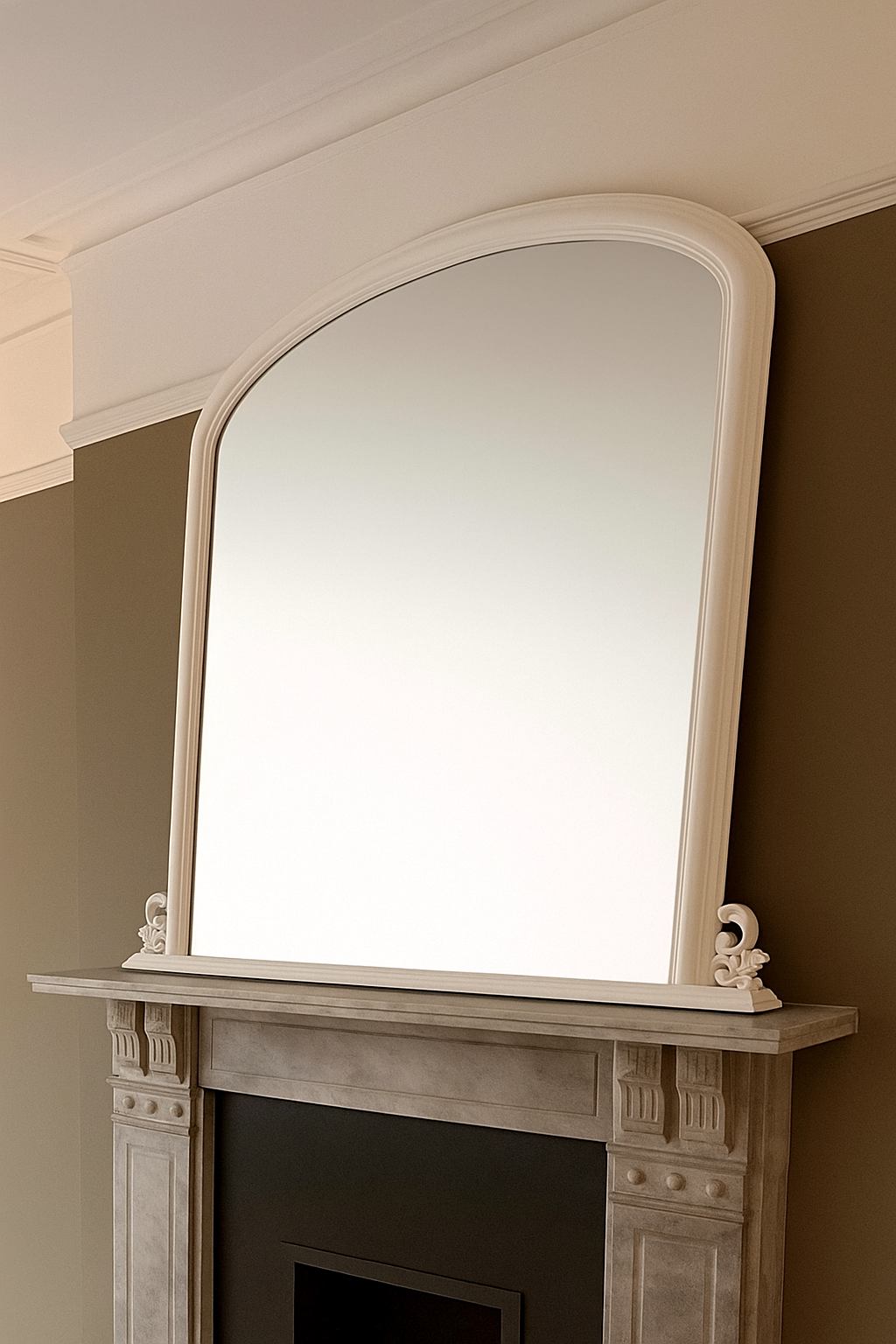 Pale wooden overmantle in classic shape