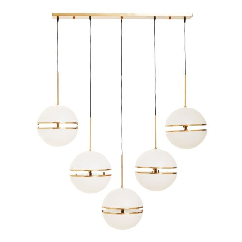 A metal linear ball light, consisting of 5 metal balls, with gilt accents on a long gilt metal ceiling rose. A perfect Kitchen Island or Dining Table Light, adding glamour and most importantly a lot of light.