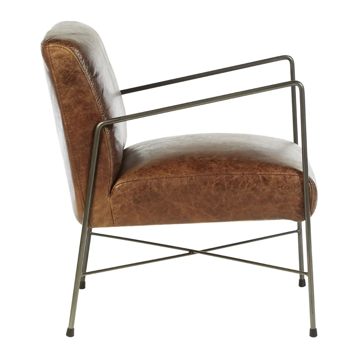 Such a simple, stylish deep cushioned leather chair, really slim profile adds to the sleek lines. a great occasional chair in a sumptuous leather on a metal frame. Would look perfect in an industrial space, as an extra chair in a living room or study. Exceptional design with a mid-century twist, and great tobacco coloured soft leather on a metal frame.

H: 78 cm W: 58 cm D: 74 cm