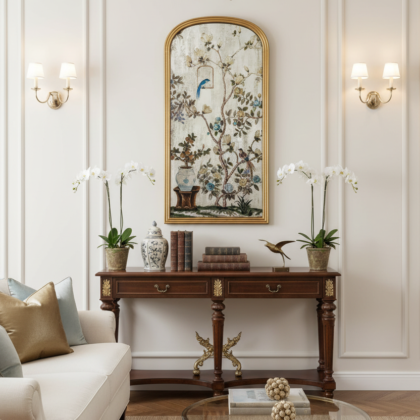 A stunning piece of mirrored wall art, a classic bird and flowers 'Victorian' style image on an arched mirror. The reflective surface creates a light enhancing focal point