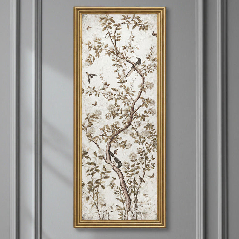 Tall painted rectangular mirror with a botanical scene featuring branches, leaves, birds, and butterflies in soft neutral tones, framed in a gold gilt border, suitable for classic interior decor.