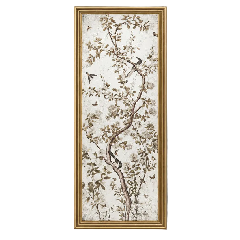 A framed vertical wall art print featuring a delicate botanical scene with birds perched on branches, 
