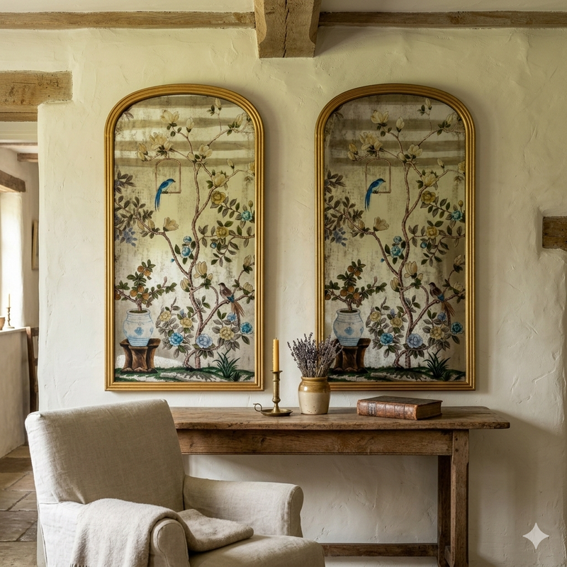 A pair of painted mirrors on a plastered, cottage wall over a rustic table and armchair.  Perfect cottage style wall decor. 