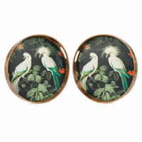 Decorative round tray with tropical cockatoo illustration, dark botanical background and vintage-inspired frame, 45cm diameter.