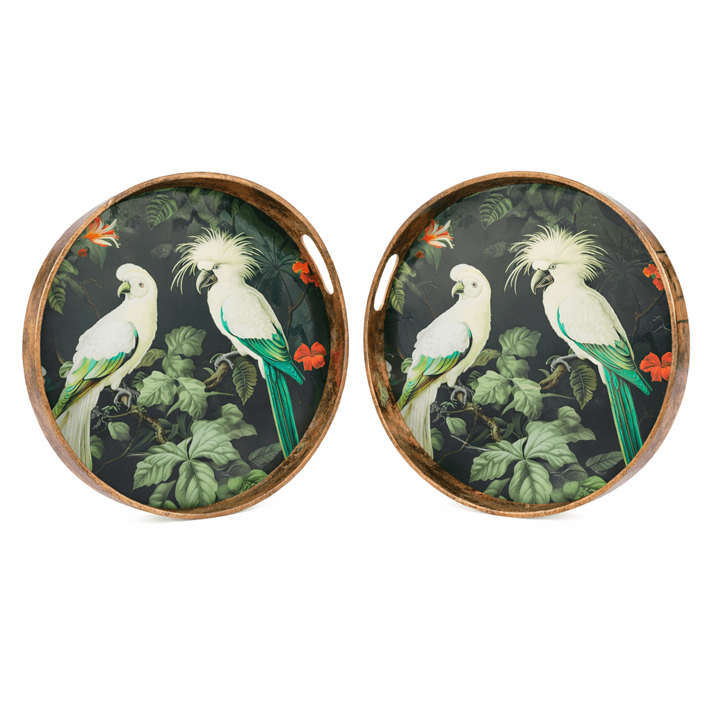 Decorative round tray with tropical cockatoo illustration, dark botanical background and vintage-inspired frame, 45cm diameter.