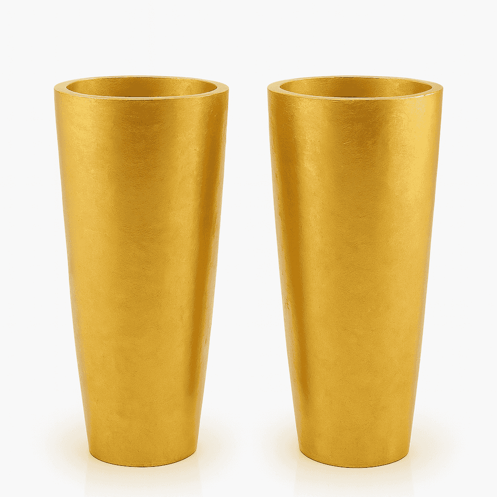 Pair of tall oversized gilt vases with tapered cylindrical shape and textured gold finish.