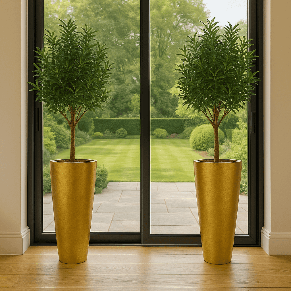 Tall gold planters with lush green trees inside home