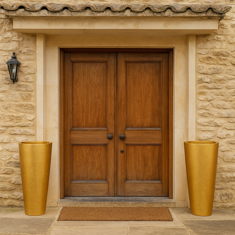 Pair of tall oversized gilt vases with tapered cylindrical shape and textured gold finish.
