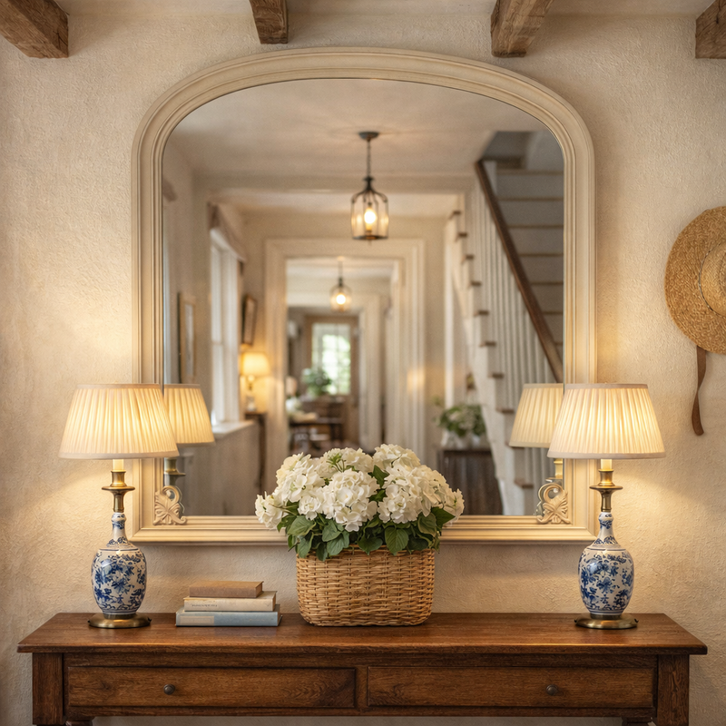 Cream overmantle in a cottage style setting with wooden console table.