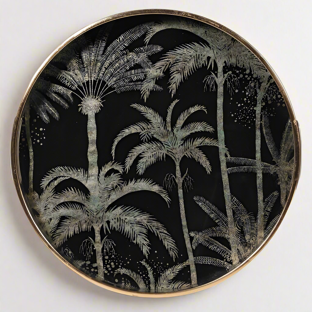 Gorgeous, round tray with a gilt rim. Decorated with beautiful silver palm trees - perfect gift for the home.