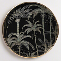 Gorgeous, round tray with a gilt rim. Decorated with beautiful silver palm trees - perfect gift for the home.