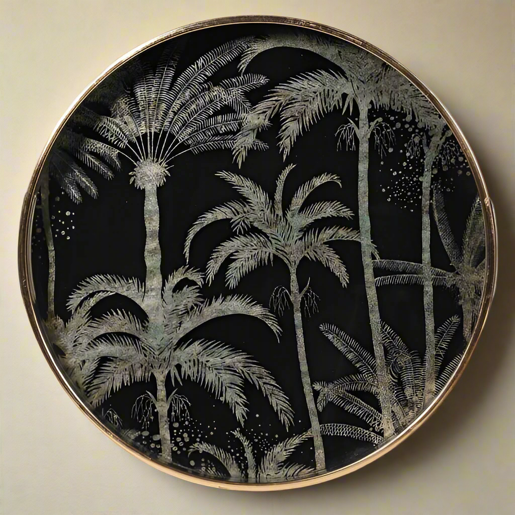 Palm tree round decorative tray with gold rim