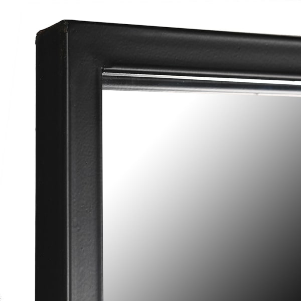 Tall, black metal rectangular mirror with three squares to the top, a great window mirror. Perfect used outside or indoor.Always a great way to allow light and perspective into a space. 