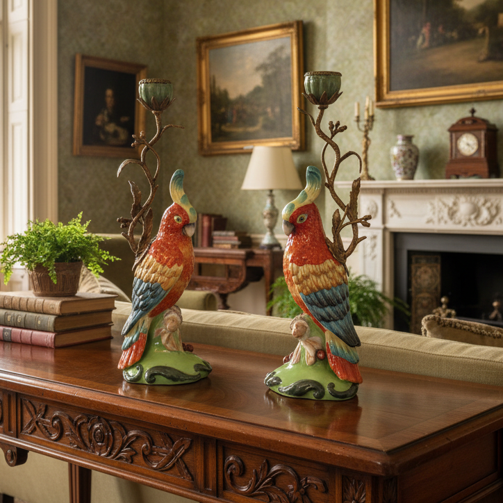 Colorful parrot candlesticks with branch details on wooden table in vintage living room