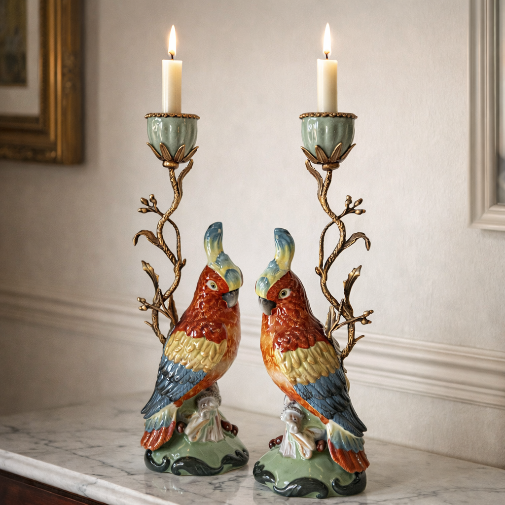 Pair of parrot candle holders with candles on a marble surface.