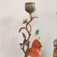 Colorful parrot ceramic candlestick with bronze branch detail