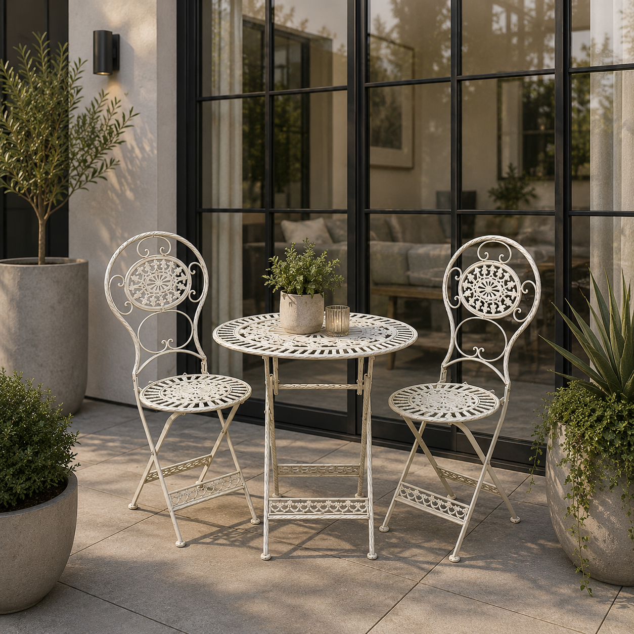 Three piece folding patio table and two chairs sitting in a modern patio with planters. 
