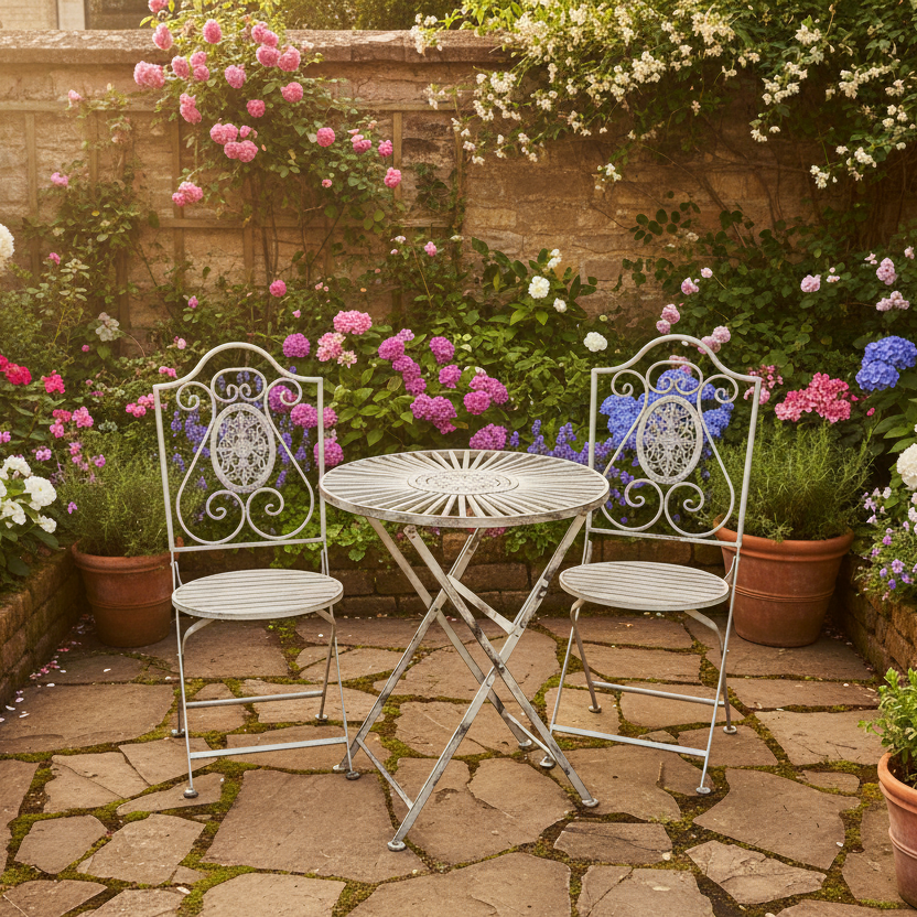 White metal table and chairs on a stone patio with flowers and plants in the background