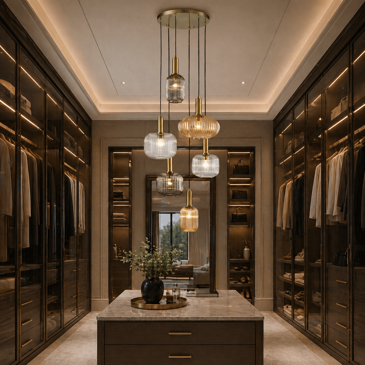 Luxurious walk-in closet with reflective wardrobes, pendant lights, and a central island.