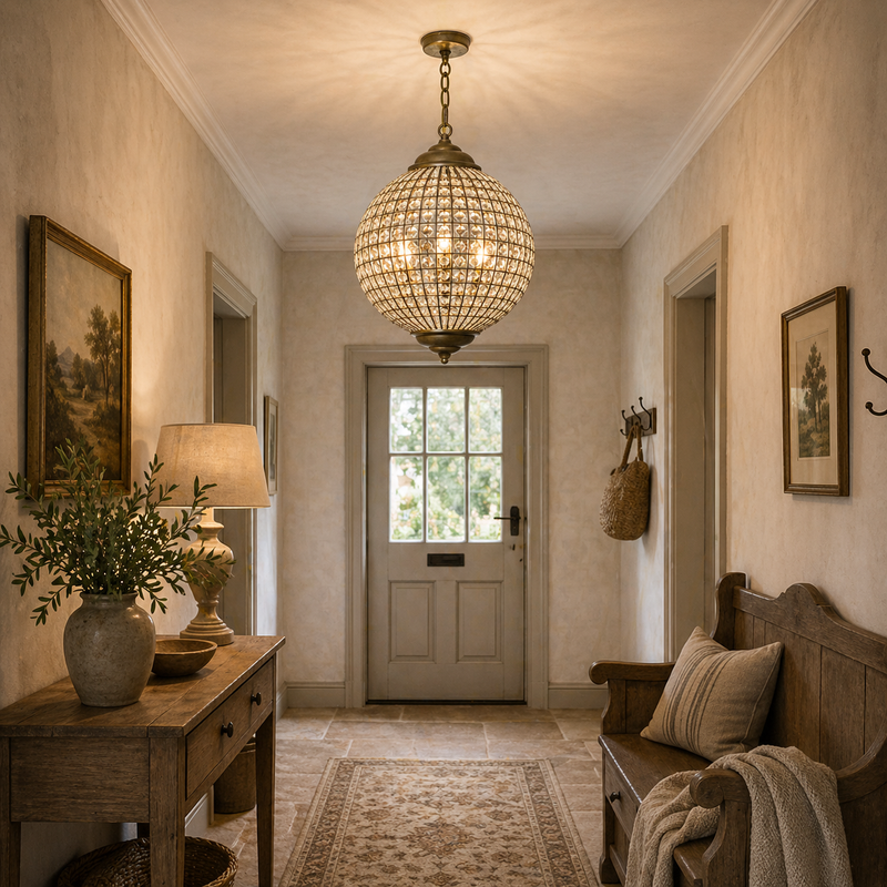 Globe light in a cottage style hall, with console table and wooden settle. 