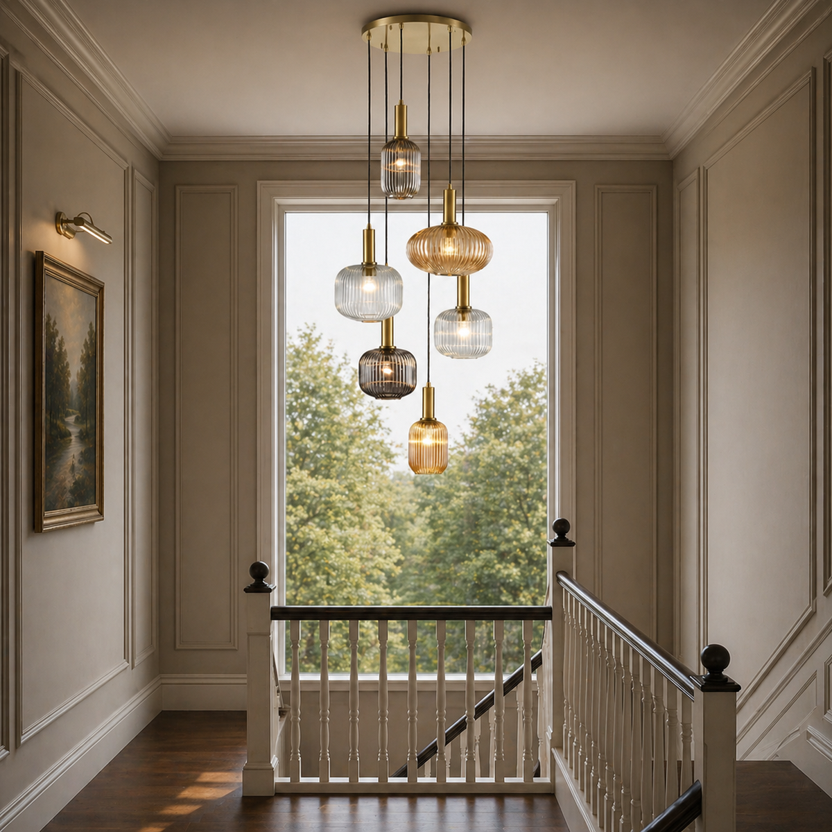 Elegant interior with a staircase and decorative pendant lights.