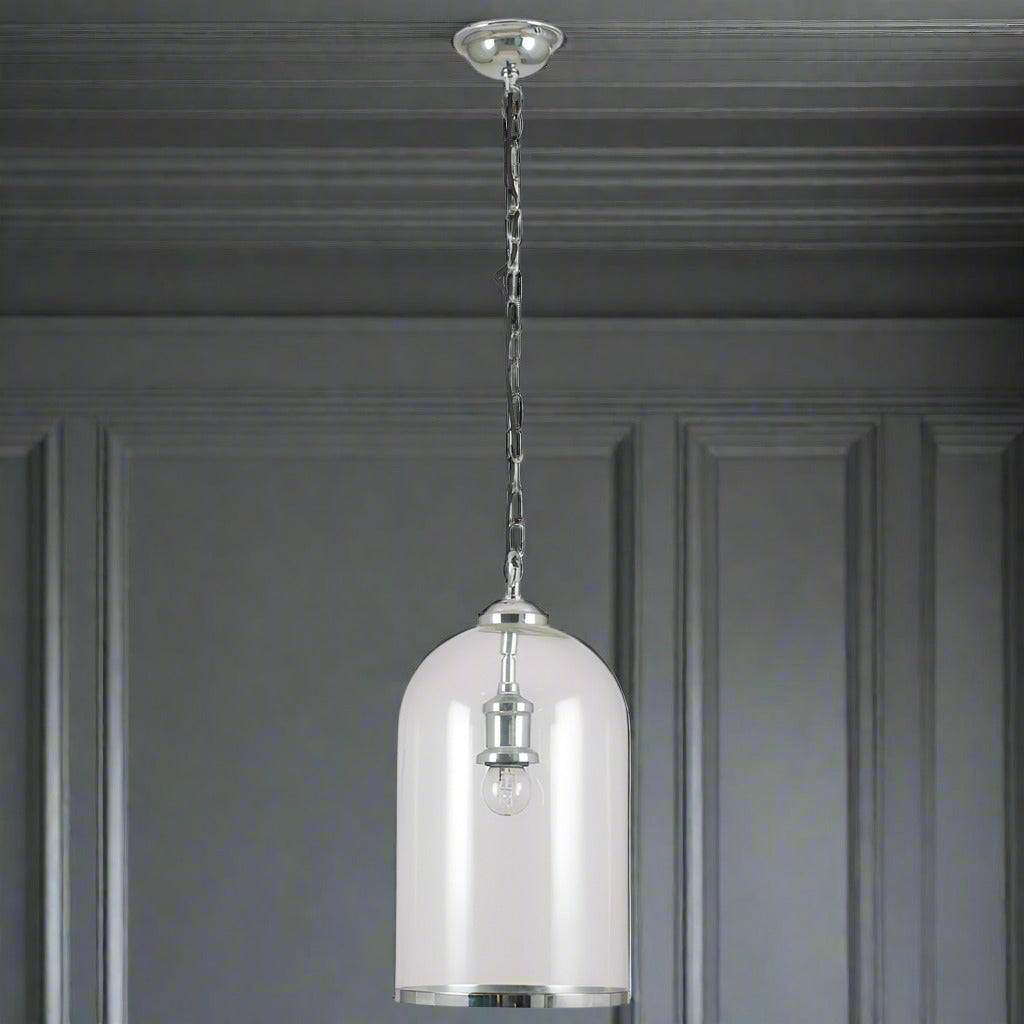 A great glass pendant with Brass or Nickel rim at the Base and same colour ceiling rose. Perfect hall light, on a neutral background.