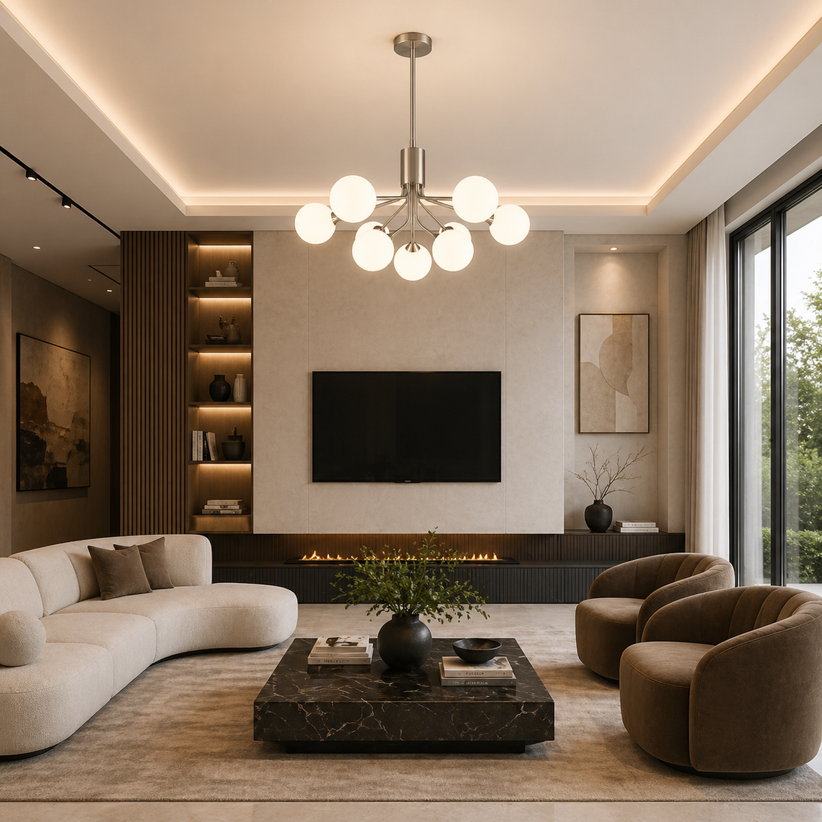 A nine light globe pendant in an ultra modern sitting room, with plush seating and marble coffee table. 