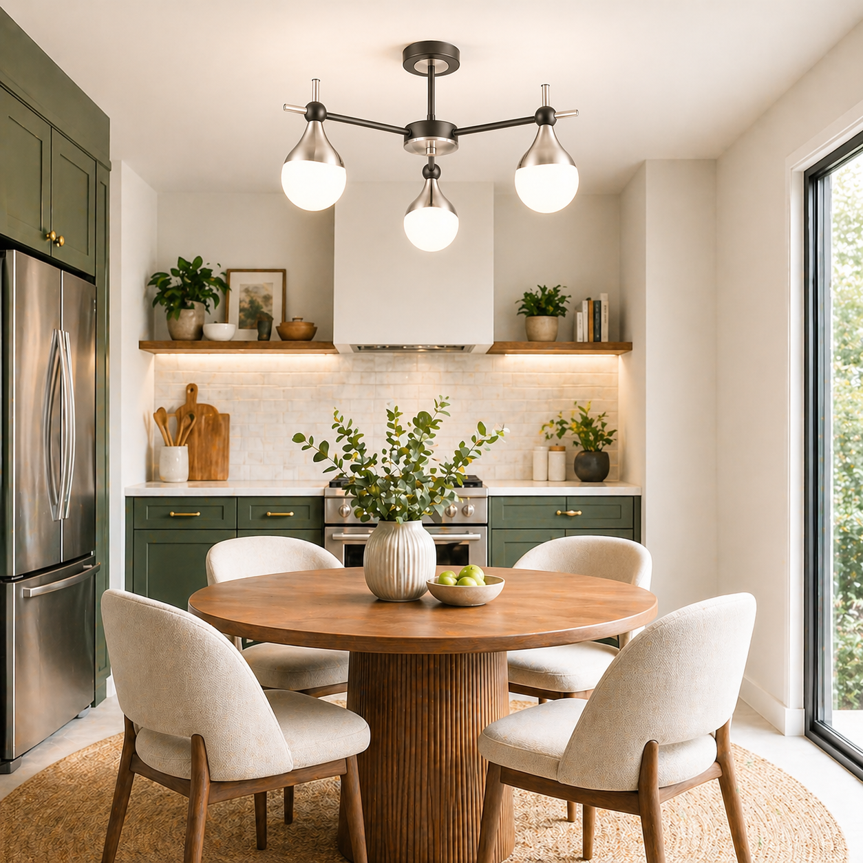 Three globe pendant light in a modern kitchen / diner over  a modern dining table