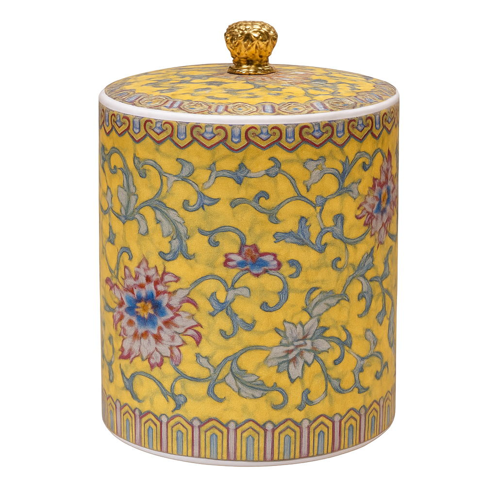 Handcrafted yellow ceramic scented candle jar with gold detailing and floral design, scented with Pineapple and Coconut.
