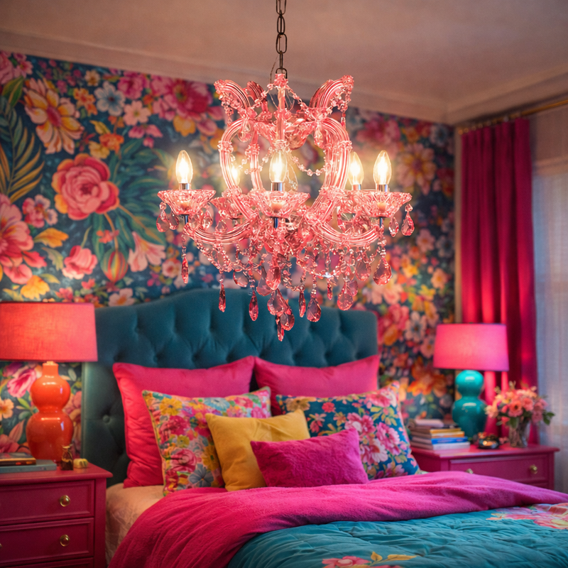 Very vibrant pink chandelier in crystal, in an eclectic bedroom setting.